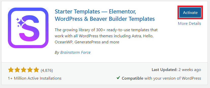 Starter templates plugin Activate