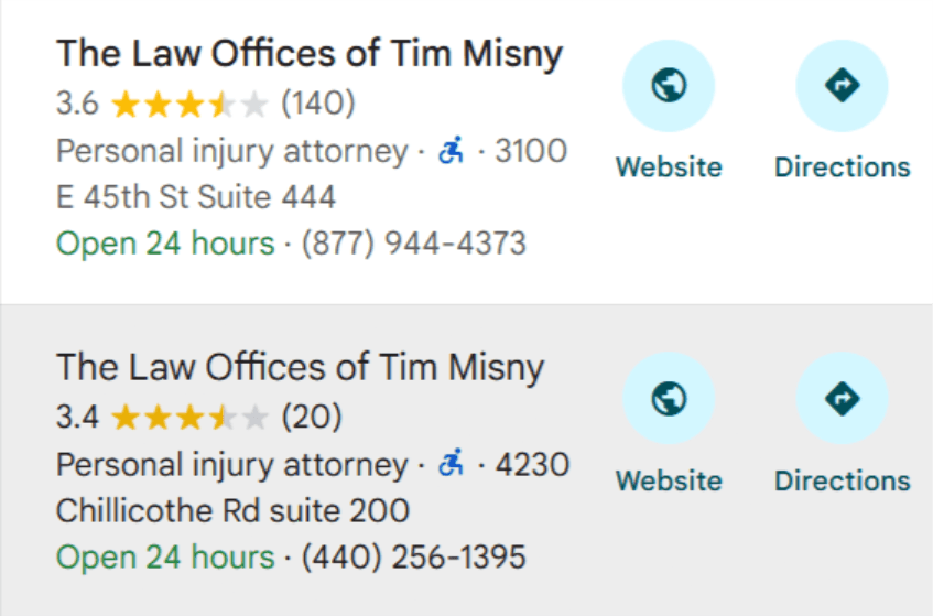 Screenshot of Google business profile of Tim Misny's office with one office being 3.6 stars and 2nd being 3.4 stars