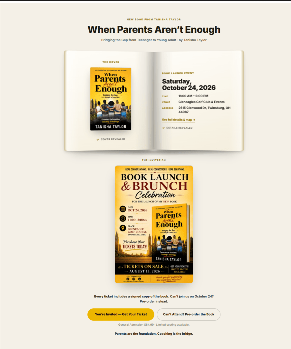 Book launch section with event details and Save the Date poster