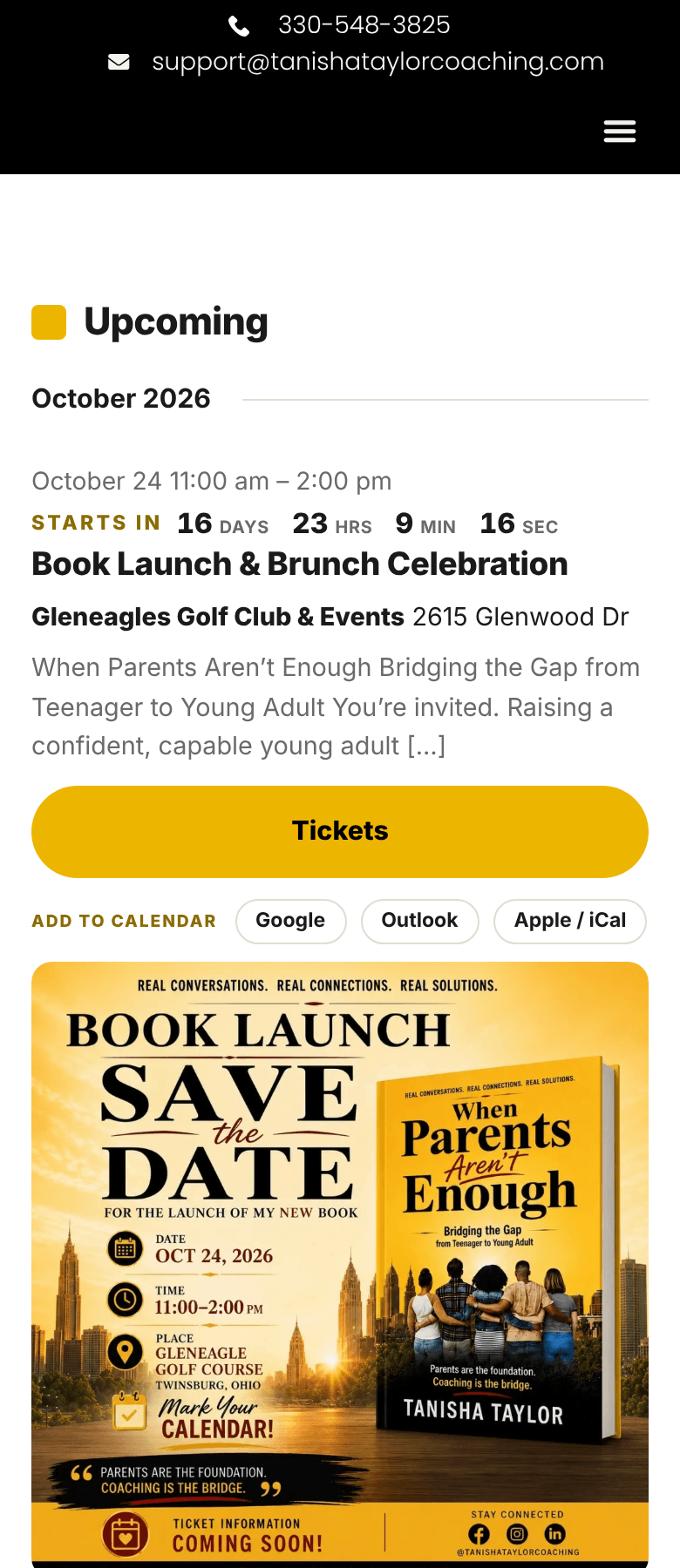 Custom events plugin shown on a mobile phone with countdown and ticket button