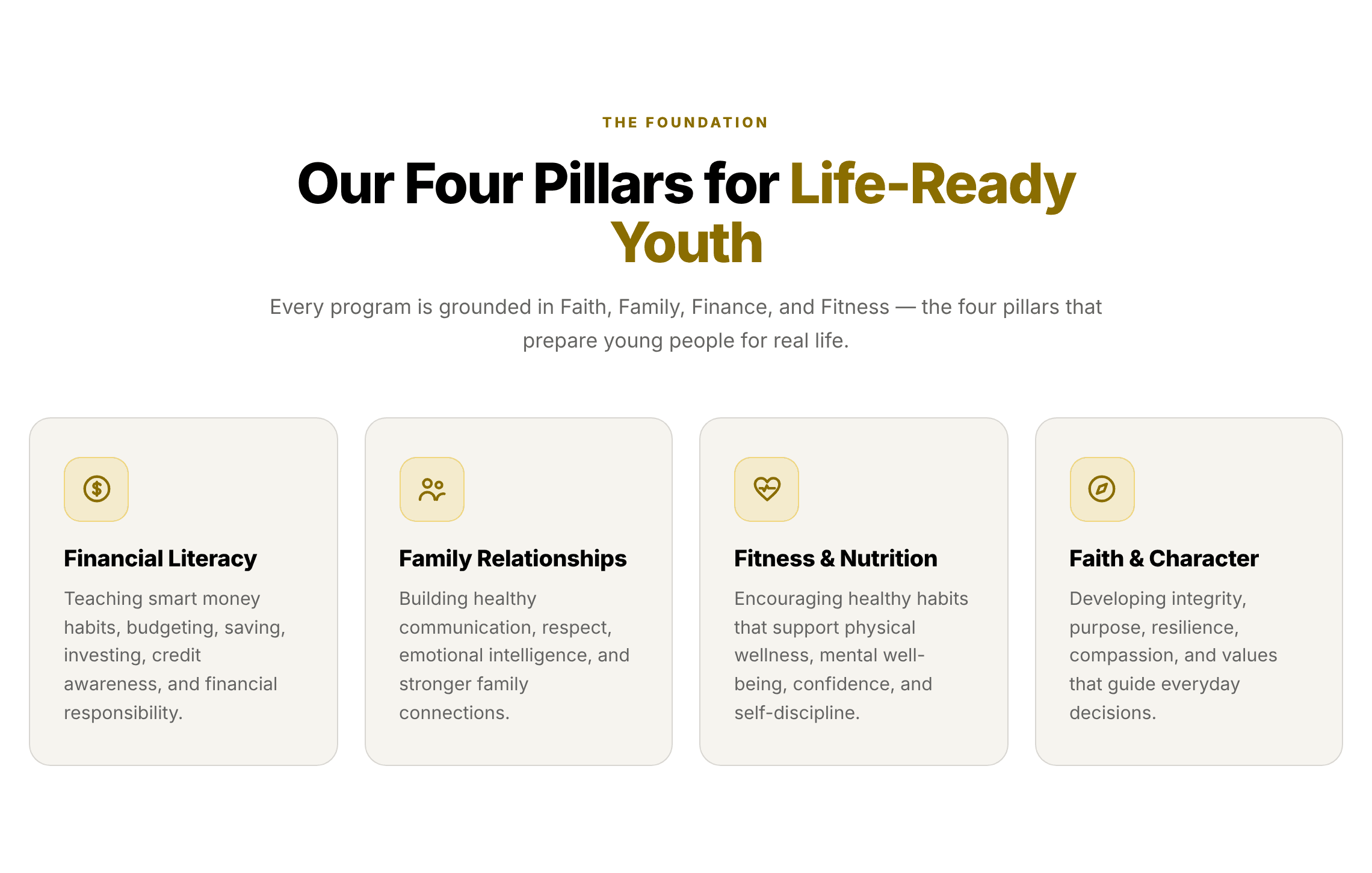 Four Pillars section: Financial Literacy, Family Relationships, Fitness and Nutrition, Faith and Character