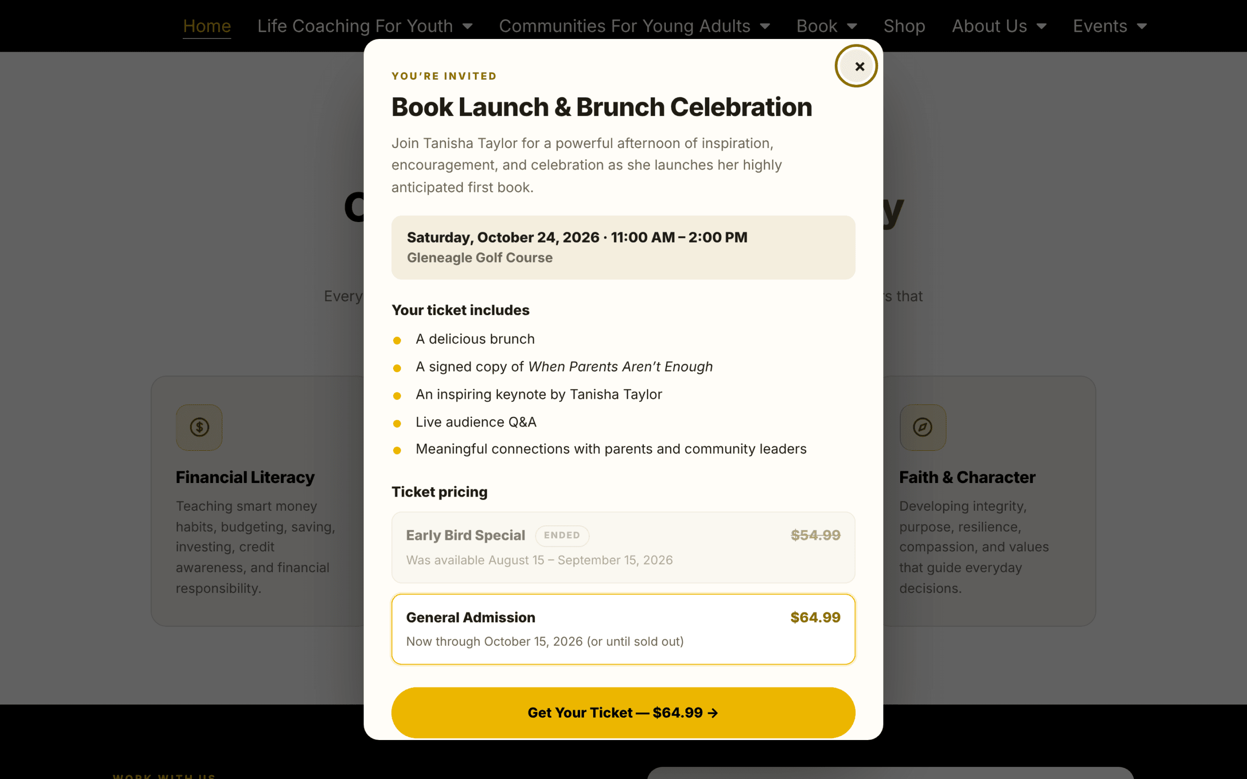 Ticket invitation popup showing inclusions and pricing tiers
