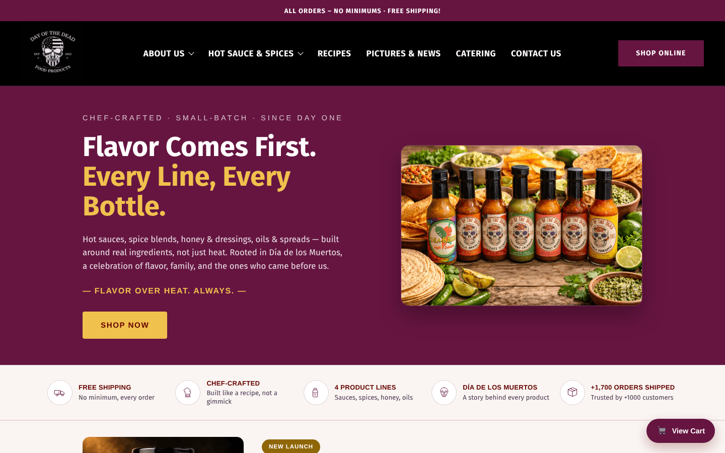 PSI Legacy Food homepage hero with Day of the Dead hot sauce lineup