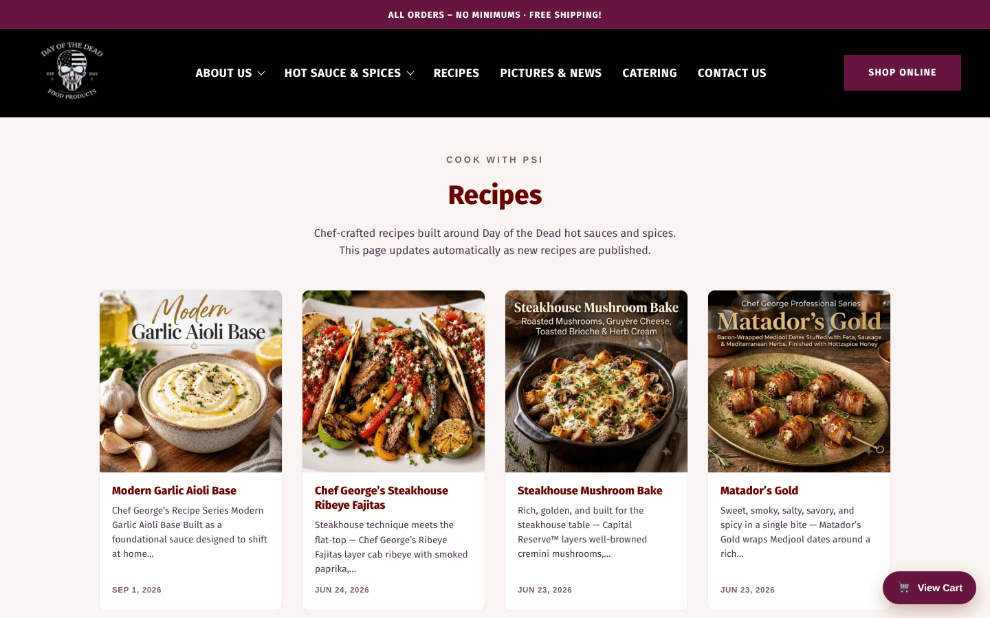 Recipes archive showing a live grid of recipe cards